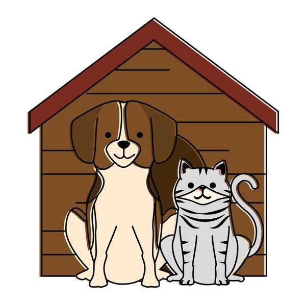 Lindo perro y gato con personajes de casa de madera — Vector de stock