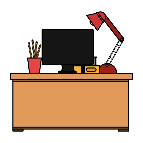 Kantoor werkplek met Bureau en desktop scène — Stockvector
