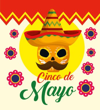 Meksikalı kafatası dekorasyon çiçekler ile şapka giyiyor