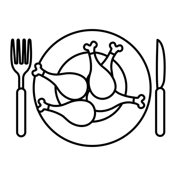 Plato con muslos de pollo y cubiertos — Vector de stock