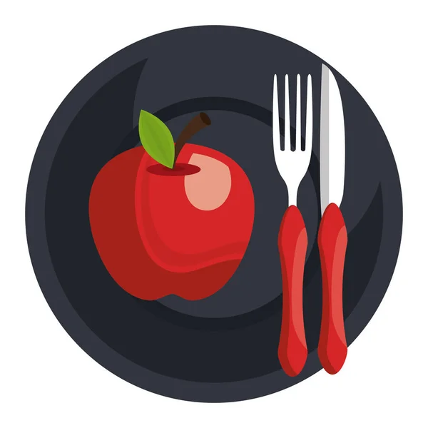 Elma tabak çatal ve bıçak — Stok Vektör
