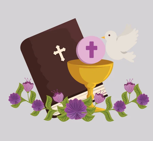 Bibel und Kelch mit heiliger Hostie zur Erstkommunion — Stockvektor