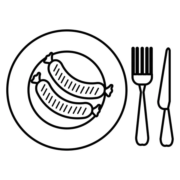 Deliciosa salchicha en plato con cubiertos — Archivo Imágenes Vectoriales