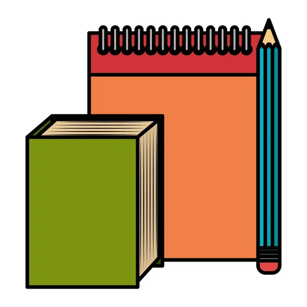 Notebook escola com livro e lápis —  Vetores de Stock