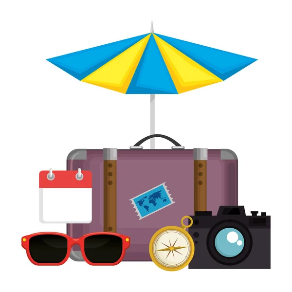Valise avec parapluie et appareil photo — Image vectorielle