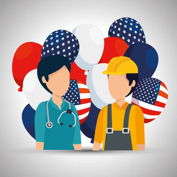 Vrouw Doctor en man Builder met de Verenigde Staten vlag ballonnen — Stockvector