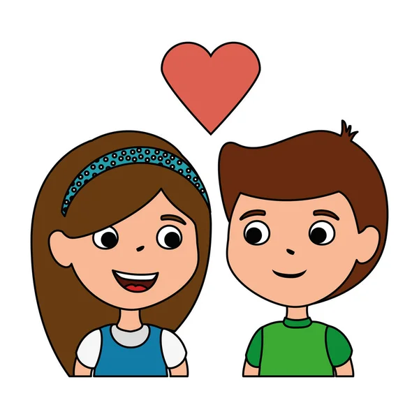 Niños pequeños pareja con personajes de corazón — Vector de stock