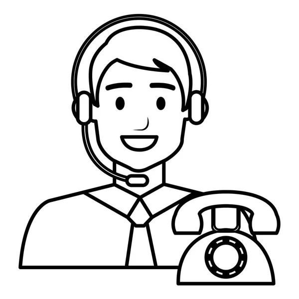 Call center agent with headset and telephone — Stock Vector