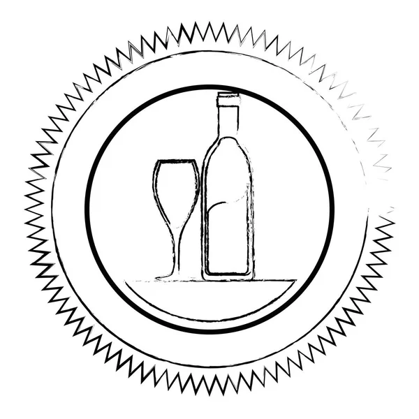 Botella de vino y sello de copa — Vector de stock