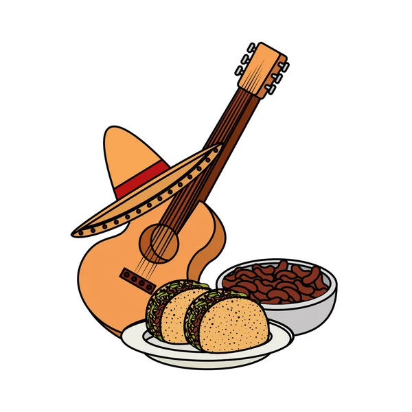 Deliciosos tacos con guitarra y sombrero comida mexicana — Vector de stock