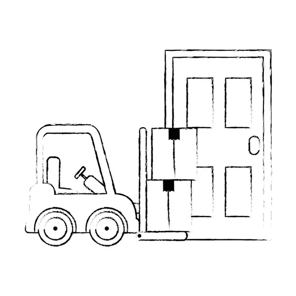 Forklift vehicle with boxes and door — Stock Vector
