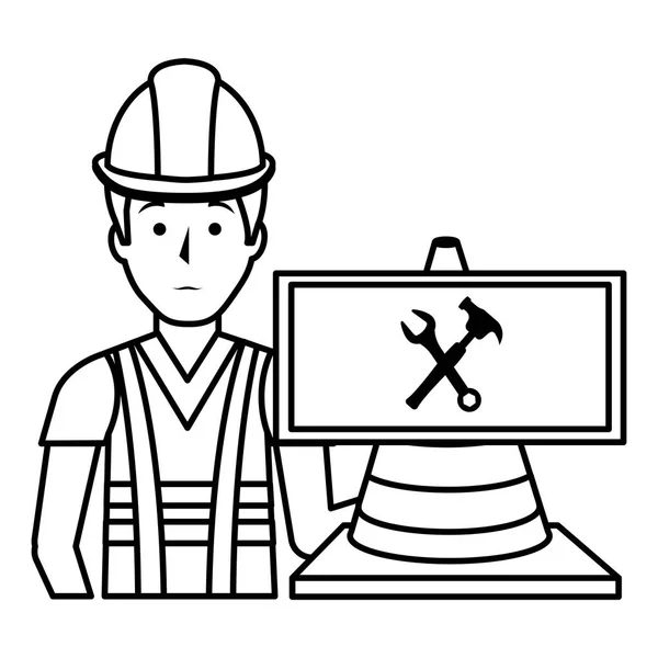 Builder with cone and signal character — стоковый вектор