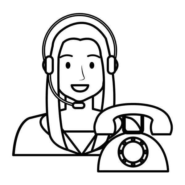 Call center mulher com fone de ouvido e telefone — Vetor de Stock