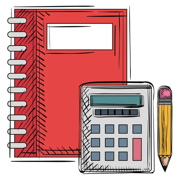 Scuola di libro con calcolatrice e matita — Vettoriale Stock