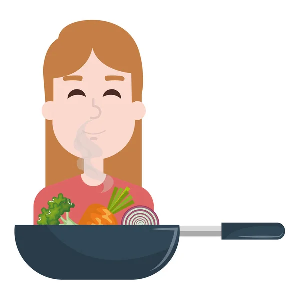 Frau mit Pfanne, die Gemüse kocht — Stockvektor