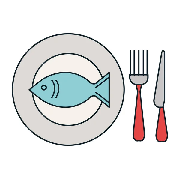 Свежая рыба в блюде со столовыми приборами — стоковый вектор
