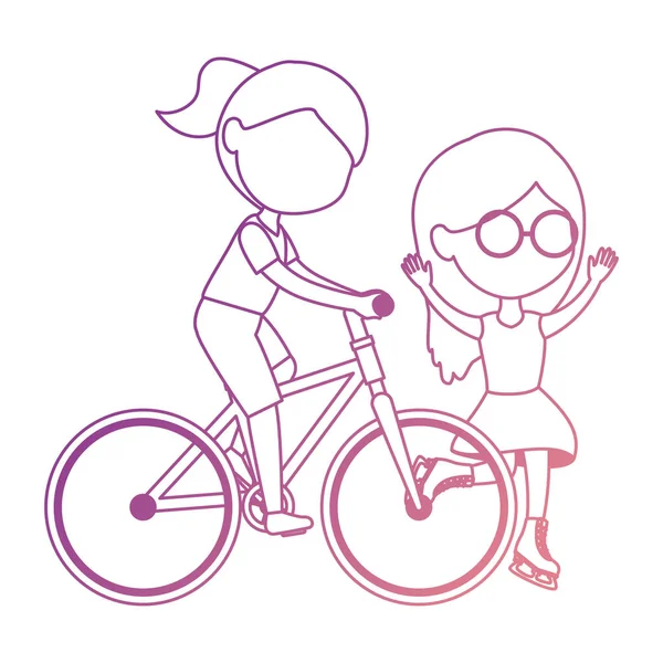 Meninas amigos andando de bicicleta e patins personagens — Vetor de Stock