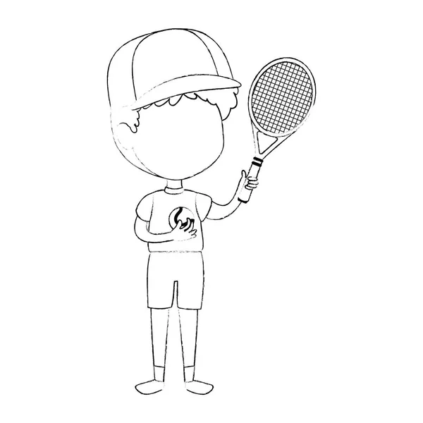 Pequeño niño jugando tenis carácter — Vector de stock