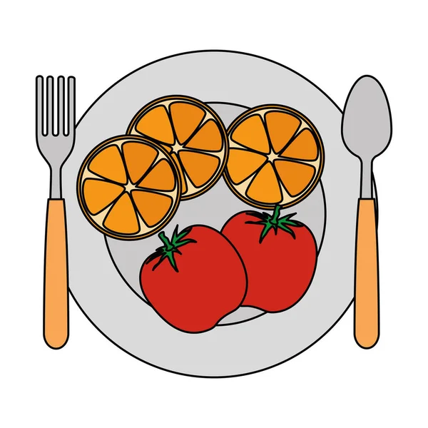 Plat et couverts avec menu de fruits — Image vectorielle