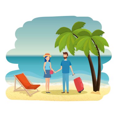 Genç çift sahilde çanta