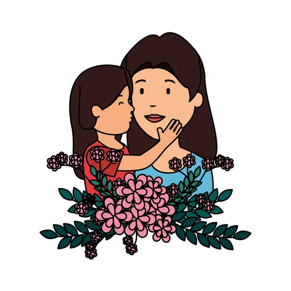 Hermosa madre levantando hija con decoración floral — Vector de stock