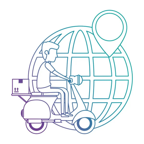 Delivery worker in motorcycle and planet — Stock Vector