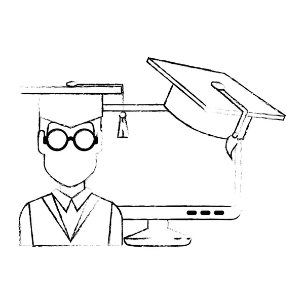 コンピュータと帽子を使った学生の卒業式 — ストックベクタ