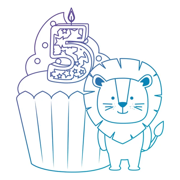 Cupcake sucré avec bougie numéro cinq et lion — Image vectorielle