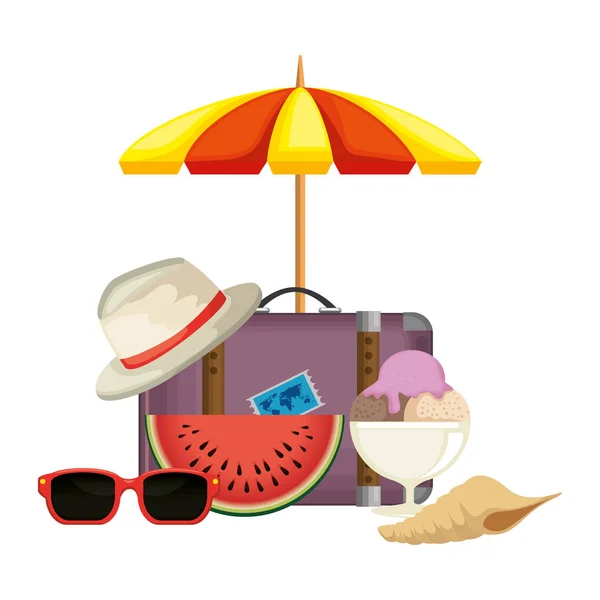 Koffer reis met paraplu en zomer muts — Stockvector