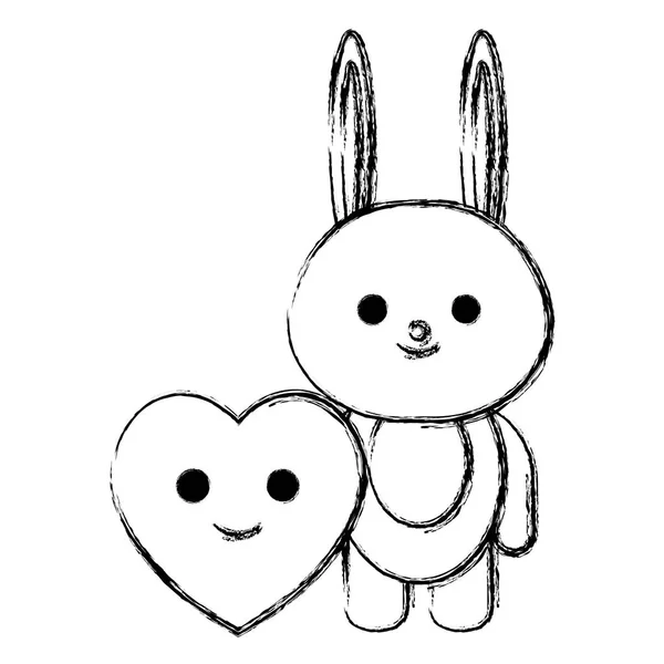 Sevimli tavşan ve kalp kawaii karakterleri — Stok Vektör