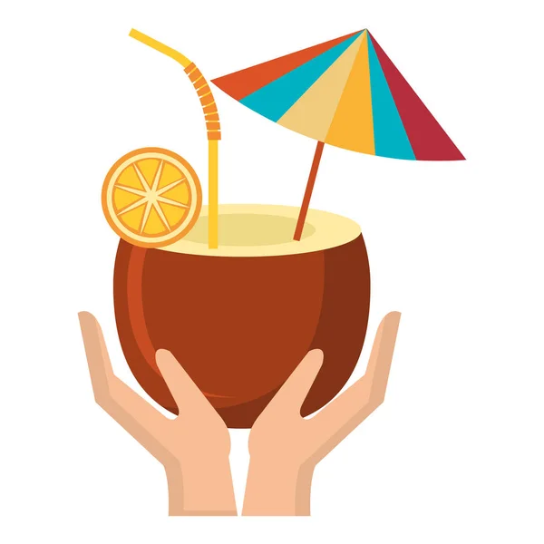 Руки поднимают тропический коктейль из кокоса — стоковый вектор