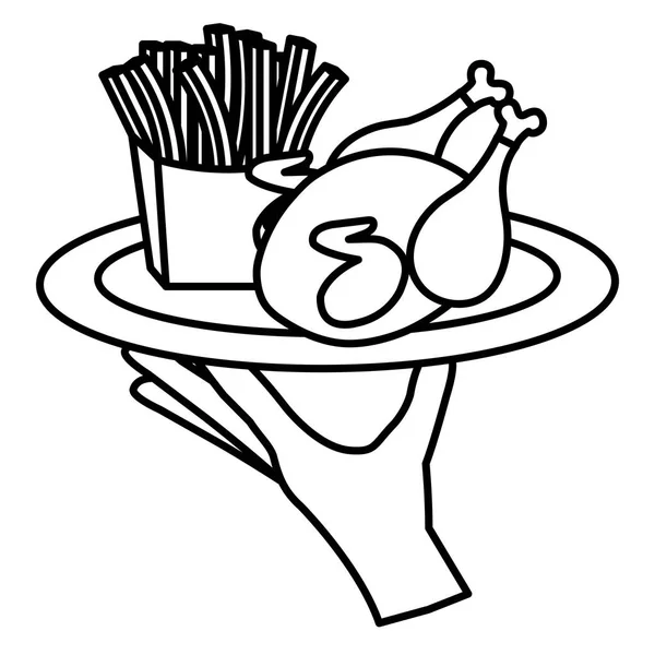 Vassoio di sollevamento a mano con pollo e patatine fritte — Vettoriale Stock