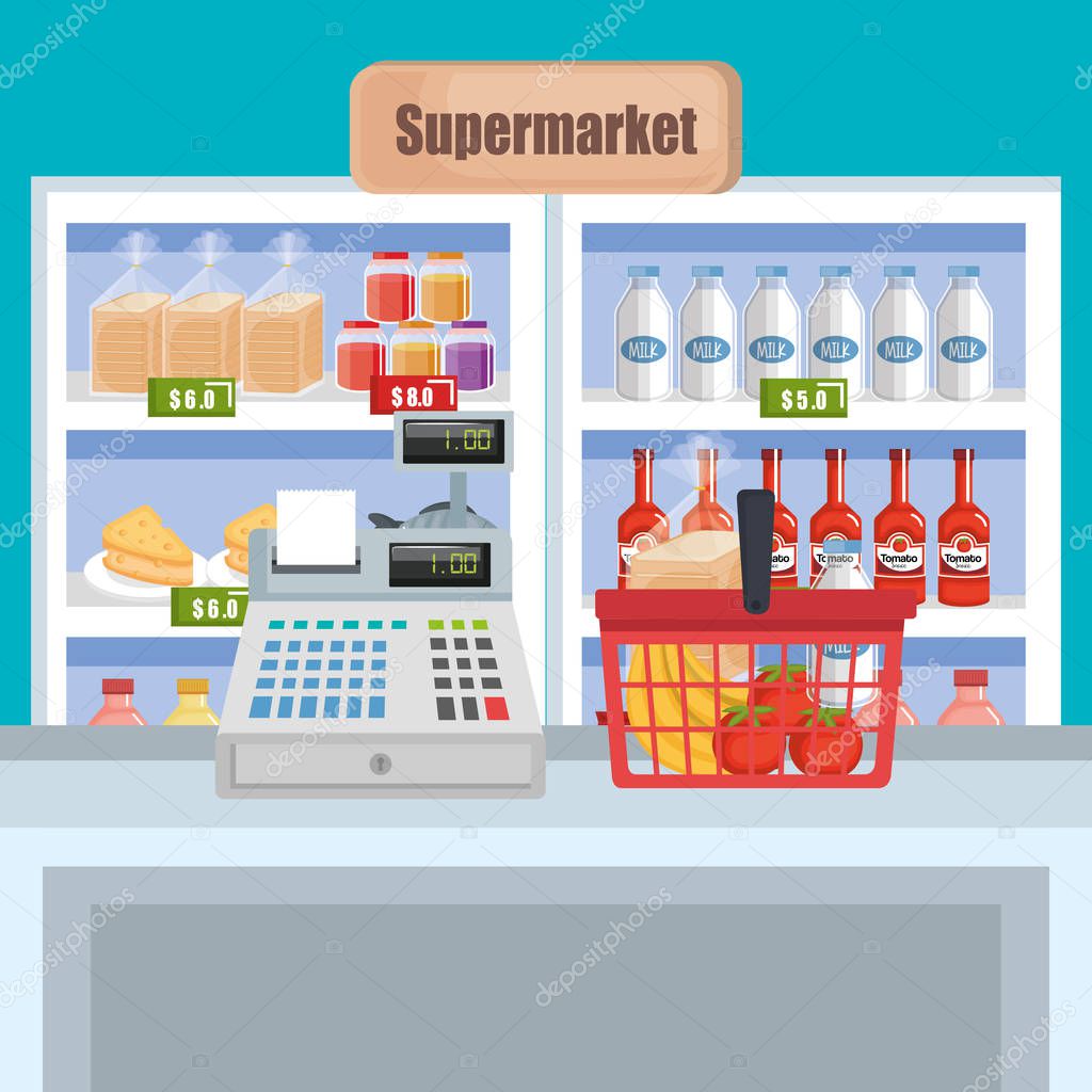 supermarket shelf with products