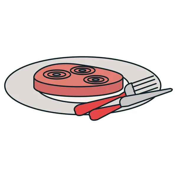 Delicioso jamón en plato con cubiertos — Vector de stock