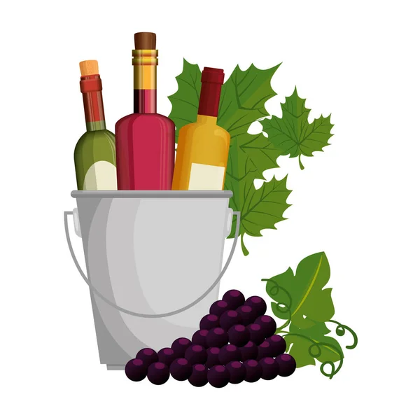 Garrafas de vinho em balde com folhas e uvas — Vetor de Stock