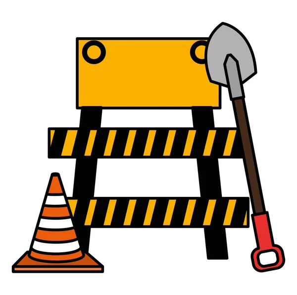 Construction barricade with cone and shovel — Stock Vector