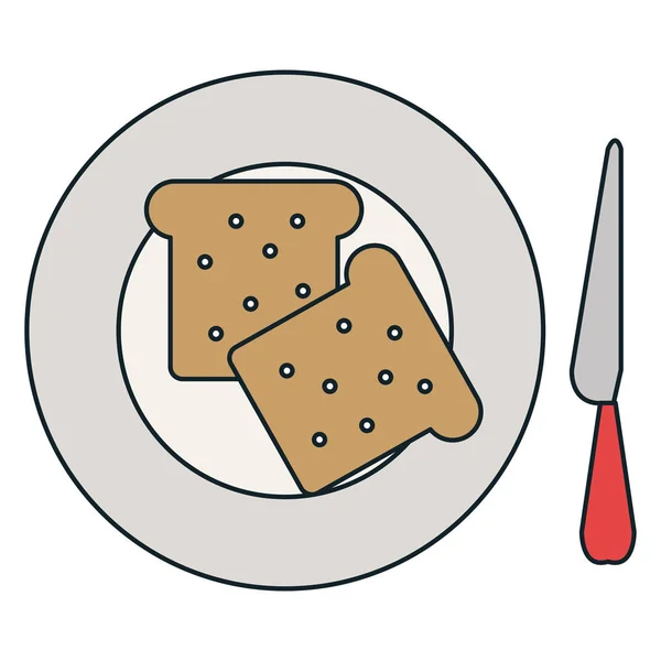 Pan tostado en plato con cuchillo — Vector de stock