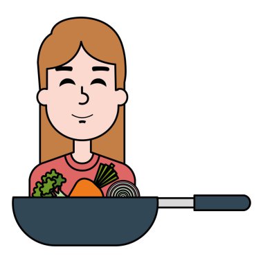 Pan pişirme sebze ile kadın