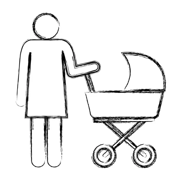 Figure mother with baby cart silhouette avatars — Stock Vector