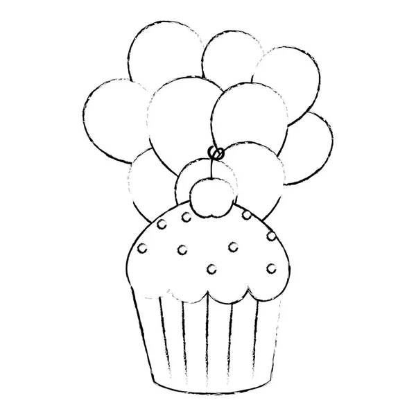 Zoete cupcake gebak met ballonnen helium — Stockvector