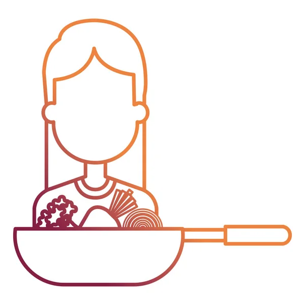 平底锅烹饪蔬菜的妇女 — 图库矢量图片