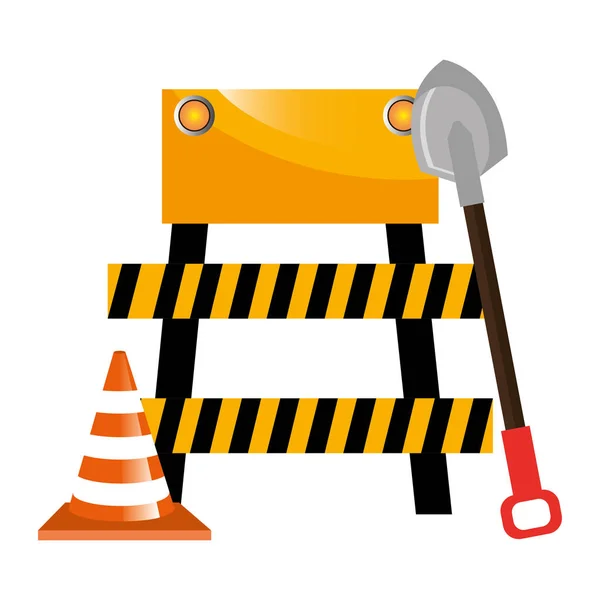 Construction barricade with cone and shovel — Stock Vector