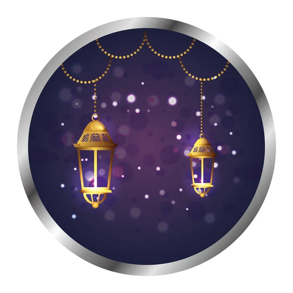 Seal with ramadam karem golden lamps hanging — Stock Vector