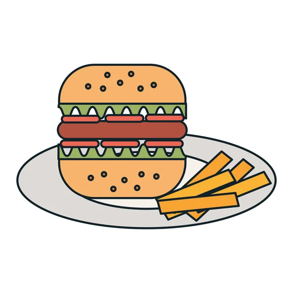 Νόστιμο Burger στο πιάτο με τηγανιτές πατάτες — Διανυσματικό Αρχείο
