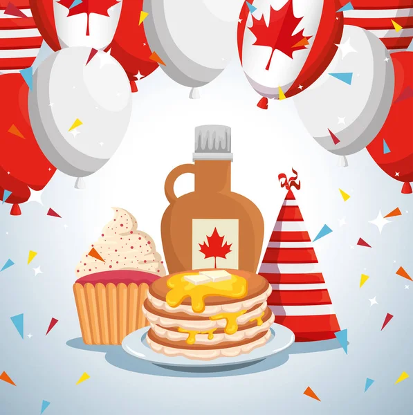 Palloncini bandiera canada con frittelle e cappello da festa con barattolo e muffin — Vettoriale Stock