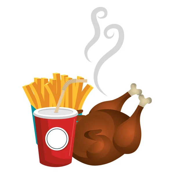 Délicieuse viande de poulet avec frites et soda — Image vectorielle