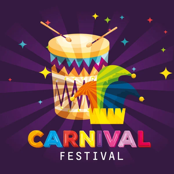Tambour de carnaval avec décoration de chapeau traditionnel joker — Image vectorielle