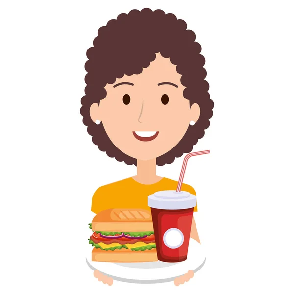 Mujer con delicioso sandwish y refresco — Vector de stock