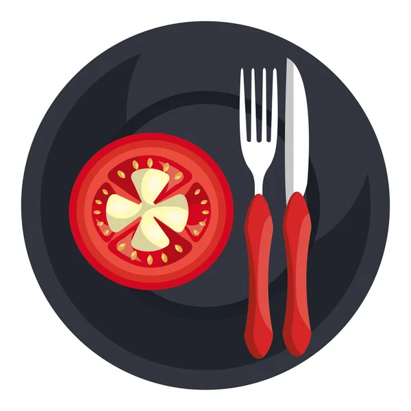 Tomate en plato con tenedor y cuchillo — Vector de stock