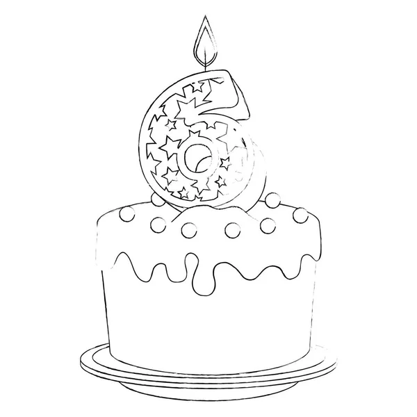 Милая свеча номер шесть со сладким тортом — стоковый вектор